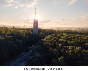 The TV tower in Sofia at sunset. It is located in the largest metropolitan park - Borisova gradina. During one of my evening walks, I was lucky enough to capture this unique sunset thanks to my drone. - Powered by Shutterstock