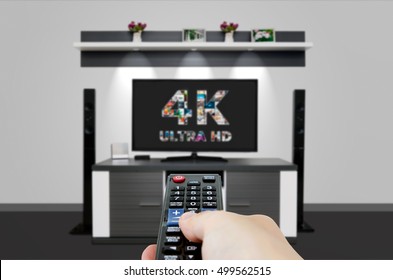 TV Ultra HD. 4K Television Resolution Technology. Watch TV In Home Cinema.