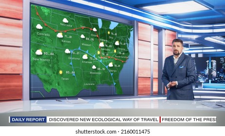 TV Weather Forecast Program: Professional Television Host Reviewing Weather Report In Newsroom Studio, Uses Big Screen With Visuals. Famous Anchorman Talks. Mock-up Cable Channel Concept.