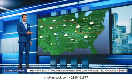 TV Weather Forecast Program: Professional Television Host Reviewing Weather Report In Newsroom Studio, Uses Big Screen With Visuals. Famous Anchorman Talks. Mock-up Of Cable Channel Concept.