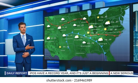 TV Weather Forecast Program: Professional Television Host Reviewing Weather Report in Newsroom Studio, Uses Big Screen with Visuals. Famous Anchorman Talks. Mock-up of Cable Channel Concept.