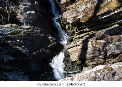 Tvindefossen Waterfall Water Flowing Down The Mountain In Voss, Norway On A Sunny Day