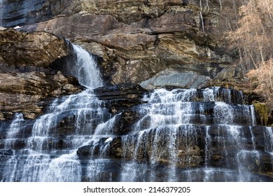 Tvindefossen Waterfall Water Flowing Down The Mountain In Voss, Norway On A Sunny Day