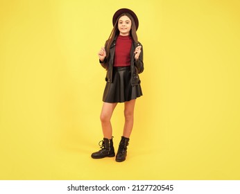 Tween Fashion Look. Childhood Happiness. Happy Girl In Leather Wear.