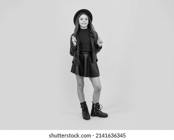 Tween Fashion Look. Childhood Happiness. Happy Girl In Leather Wear.