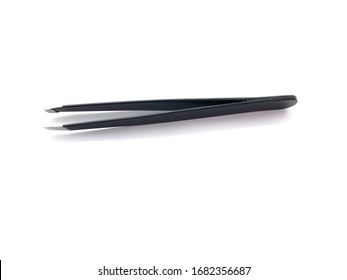 Tweezers isolated on a white background. Professional tweezers for hair. Black tweezers for eyebrow. Cosmetic tweezers.