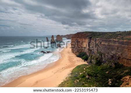 The Twelve Apostles, a collection of limestone stacks and a famous touristic attraction off the shore of Port Campbell National Park, by the Great Ocean Road in Victoria, Australia, Oceania.