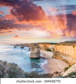 Twelve Apostles At Sunrise, Amazing Natural Landscape Of Great Ocean Road, Australia.