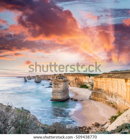 Twelve Apostles at sunrise, amazing natural landscape of Great Ocean Road, Australia.