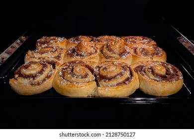 Twelve baked cinnamon buns on tray in electric oven - front view. Swedish cuisine, homemade bakery, food, cooking and pastry concept