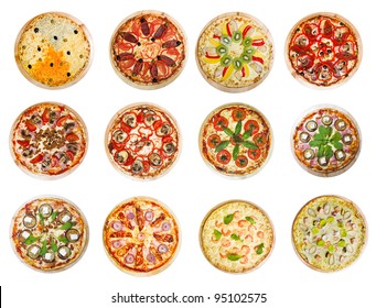 twelve different pizzas put in one set