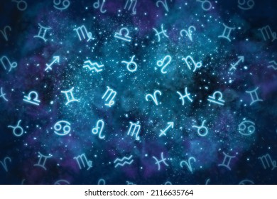 The twelve signs of the zodiac are randomly placed against the background of the cosmos, the universe. Astrology background. Esotericism, secrets of the universe. - Powered by Shutterstock