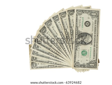 Twelve USA one dollar bank notes isolated on white with clipping path