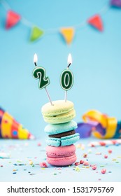 Twentieth 20th Birthday Card With Candle In Colorful Macaroons And Sprinkles. Card Mockup.