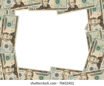 Twenty Dollar Bills Making A Border On A White Background, Money Border