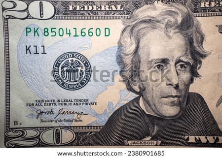 Twenty dollars close up. Twenty dollar bill, eye Jackson background. Details of cash American twenty dollars. Old American dollars, details of old American cash dollars