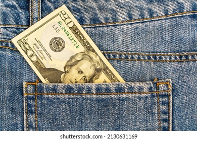 Twenty Dollars In Jeans Pocket Close Up. 