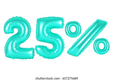 twenty five 25 percent from turquoise color balloons on a white background. discounts and sales, holidays and education