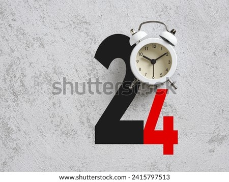Twenty four 24 hours service, support, help, chat or delivery concepts. The number 24 with an alarm clock on textured white background with copy space.