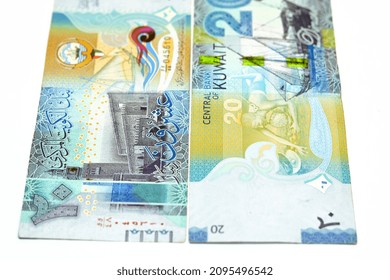 Twenty Kuwaiti Dinars Bill Banknote 20 KWD Features Seif Palace, A Dhow Ship, Kuwaiti Pearl Diver And Al-Boom Traditional Kuwaiti Dhow Ship, Kuwaiti Dinar Currency Of The State Of Kuwait Isolated