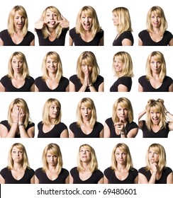 Twenty portrait of a woman with different expressions