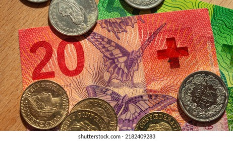 Twenty Swiss francs and coins. Business concept. Web banner.