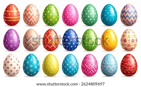 Twentyfour vibrant, decorated Easter eggs, showcasing diverse patterns like polka dots, zigzags, and floral designs, on a white background. Perfect for spring celebrations.