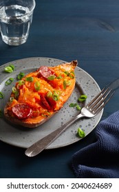 Twice Baked Sweet Potato With Cheese And Chorizo Sausage