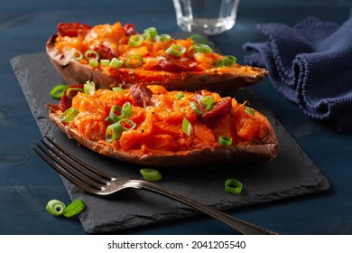 Twice Baked Sweet Potato With Cheese And Chorizo Sausage