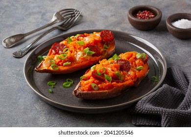 Twice Baked Sweet Potato With Cheese And Chorizo Sausage