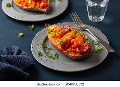 Twice Baked Sweet Potato With Cheese And Chorizo Sausage