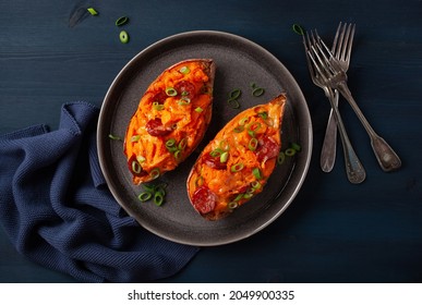 Twice Baked Sweet Potato With Cheese And Chorizo Sausage