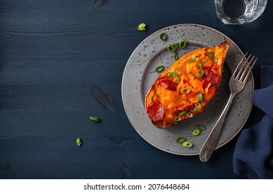 Twice Baked Sweet Potato With Cheese And Chorizo Sausage