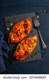 Twice Baked Sweet Potato With Cheese And Chorizo Sausage