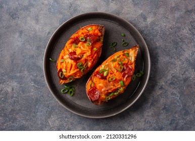 Twice Baked Sweet Potato With Cheese And Chorizo Sausage