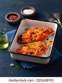 Twice Baked Sweet Potato With Cheese And Chorizo Sausage