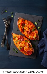 Twice Baked Sweet Potato With Cheese And Chorizo Sausage