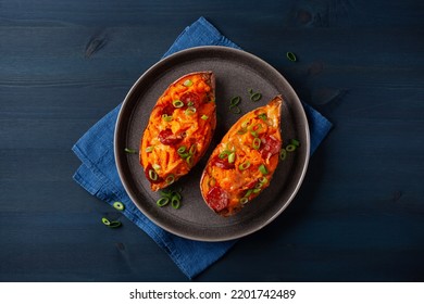 Twice Baked Sweet Potato With Cheese And Chorizo Sausage