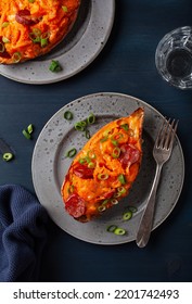 Twice Baked Sweet Potato With Cheese And Chorizo Sausage