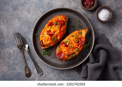 Twice Baked Sweet Potato With Cheese And Chorizo Sausage