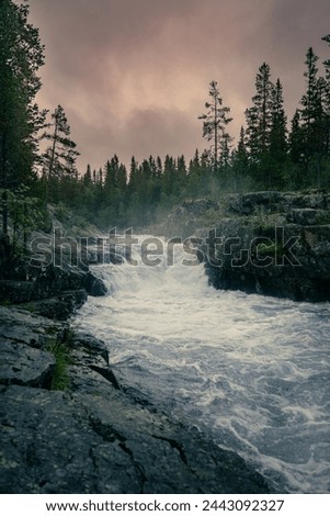 Twilight Above the Rapids in Nordic Nature Forest. Dusk descends on tumultuous waterfall cutting through a foggy woodlands in Dalarna Sweden