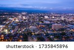 Twilight aerial view of the urban core of downtown Santa Ana, California.