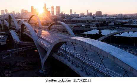 Twilight descends on the 6th Street Bridge as it passes through Downtown Los Angeles, California, USA. - Shutterstock ID 2176922125