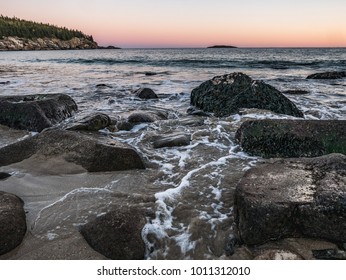 Twilight And End Of Day At Sand Beach On Mount Desert Island, Acadia National Park.