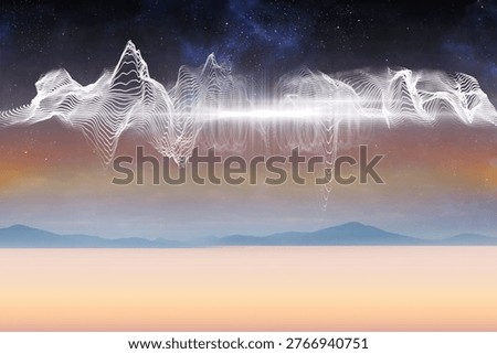 Twilight gradient shifting, waveform pulsing and stretching, emitting dotted trails showing audio. Wave, glow, starfield, saltflat, pastel, minimalist, ethereal