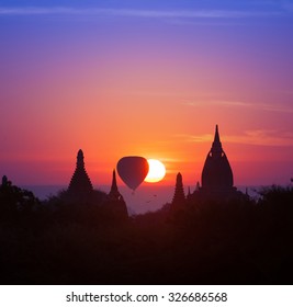 Twilight Magical Sunset In Bagan Myanmar (Burma). Beautiful Photography Of Famous Travel Destination