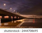 Twilight over an illuminated Prince of Wales Bridge, Gloucestershire, England, United Kingdom, Europe