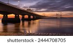 Twilight over an illuminated Prince of Wales Bridge, Gloucestershire, England, United Kingdom, Europe