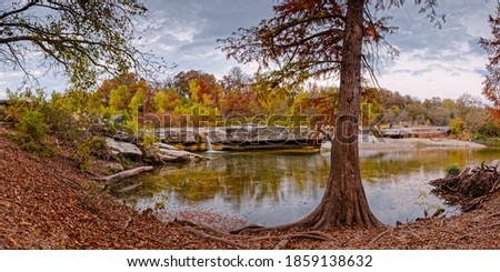 Twilight Panorama of Fall Foliage Lower Falls At McKinney Falls State Park - Austin Texas