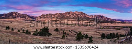Twilight Panorama of Flatirons Mountain Range in Boulder - Front Range Colorado